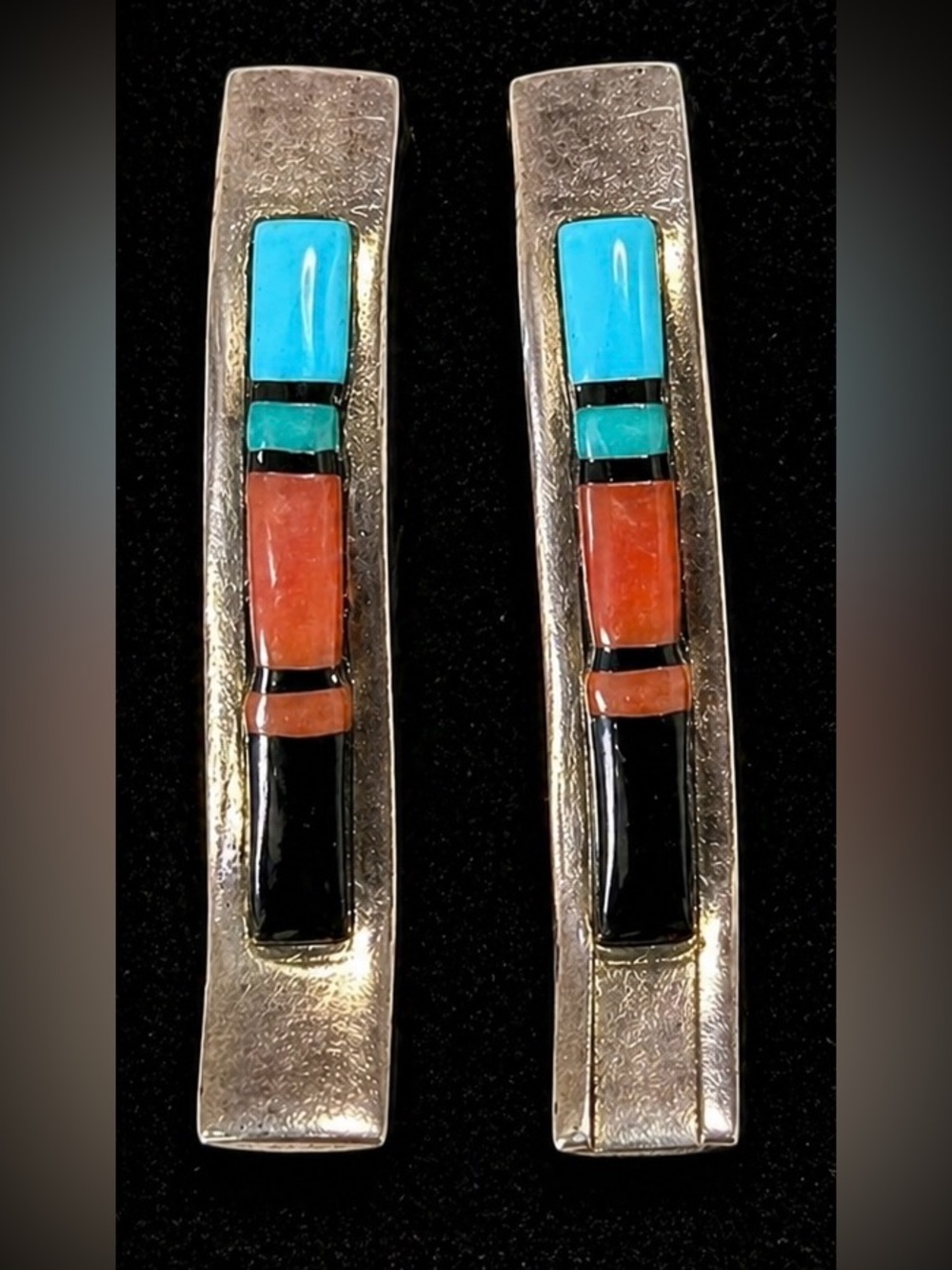 Zuni Sterling Silver Inlay Earrings Teme Turquoise Coral Onyx NEW Native